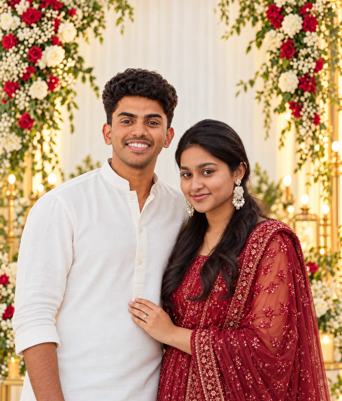 Cijin in a white shirt and Anagha in a burgundy lehenga, together against a floral backdrop